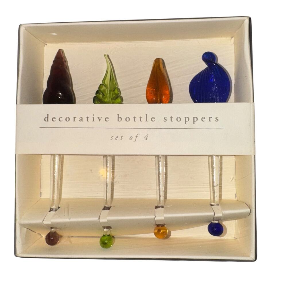Pier 1 Glass Bottle Stoppers Clear Cobalt Blue Green Stirrer Set of 4 Whimsical